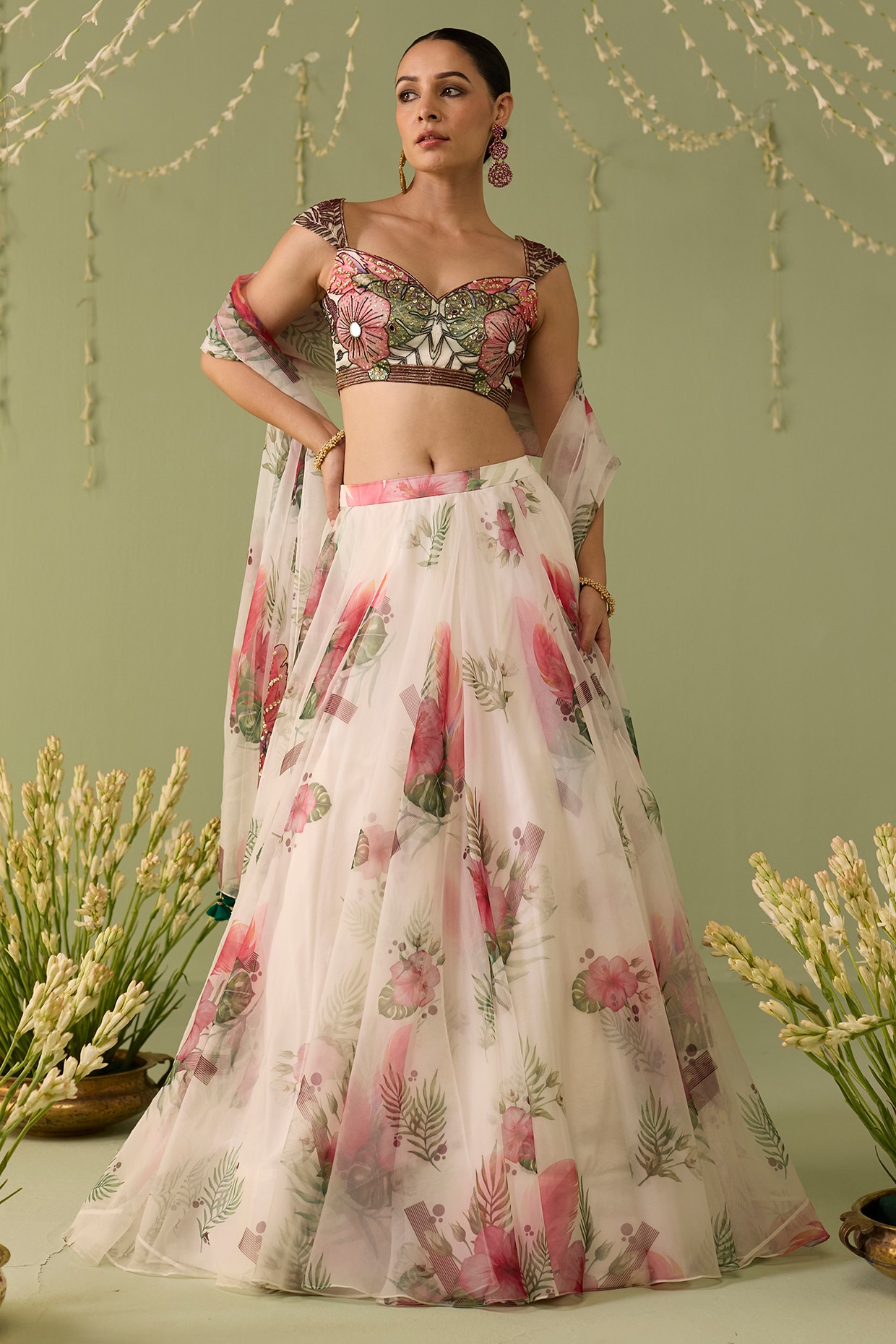 Label Meesa White Organza Printed Lehenga Set