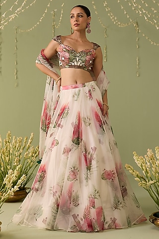 White Organza Printed Lehenga Set by Label Meesa