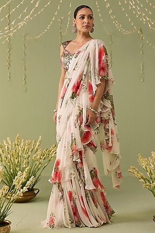 White Georgette Printed Pre-Draped Saree Set by Label Meesa