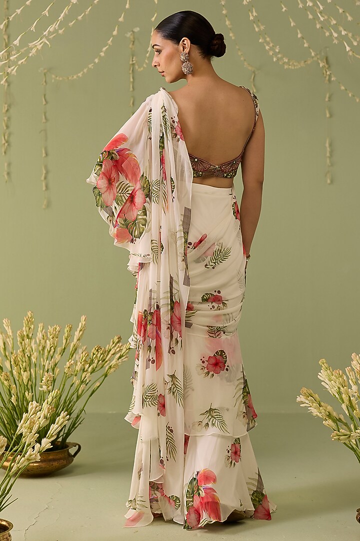 White Georgette Printed Pre-Draped Party Wear Saree Set by Label Meesa at Pernia's Pop Up Shop