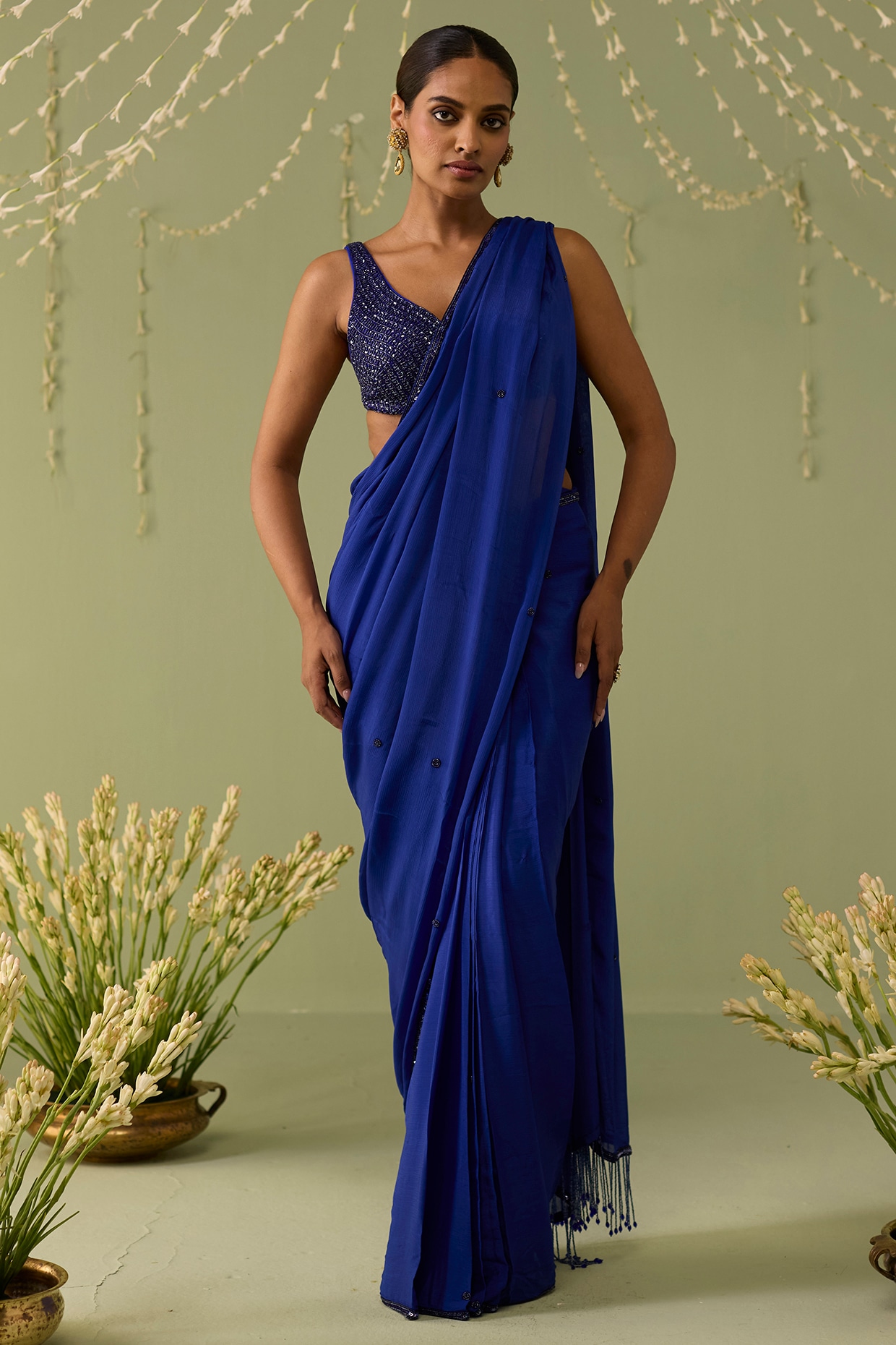 Label Meesa Blue Chinon Chiffon Printed Pre-Draped Saree Set