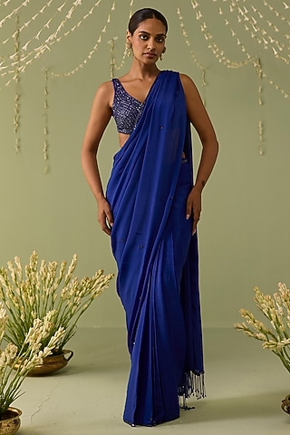 Blue Chinon Chiffon Printed Pre-Draped Saree Set by Label Meesa