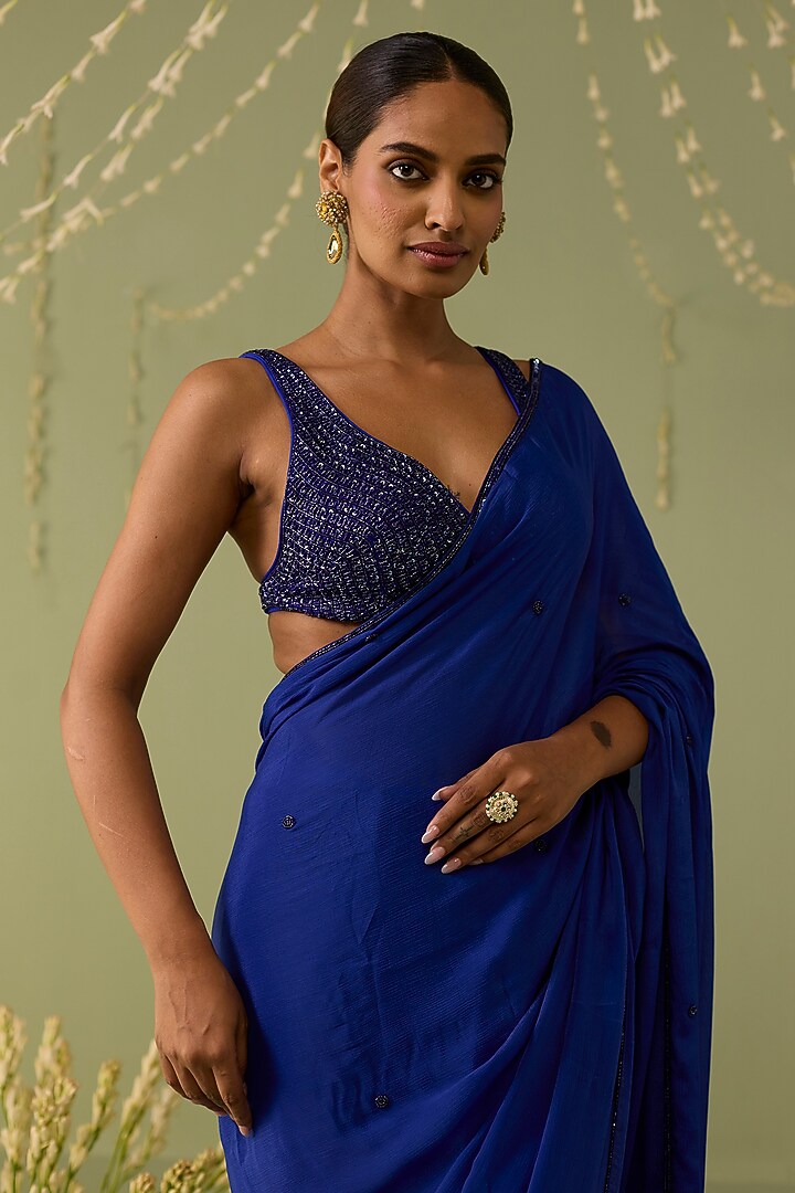 Blue Chinon Chiffon Printed Pre-Draped Party Wear Saree Set by Label Meesa at Pernia's Pop Up Shop