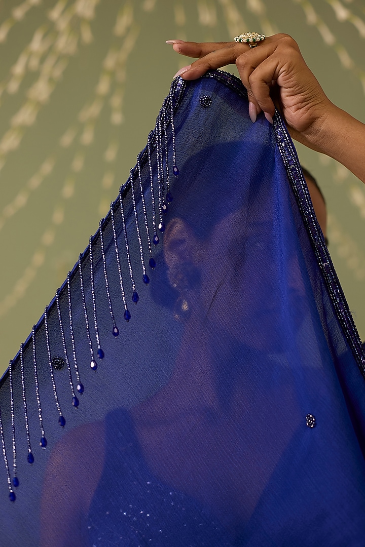 Blue Chinon Chiffon Printed Pre-Draped Party Wear Saree Set by Label Meesa at Pernia's Pop Up Shop