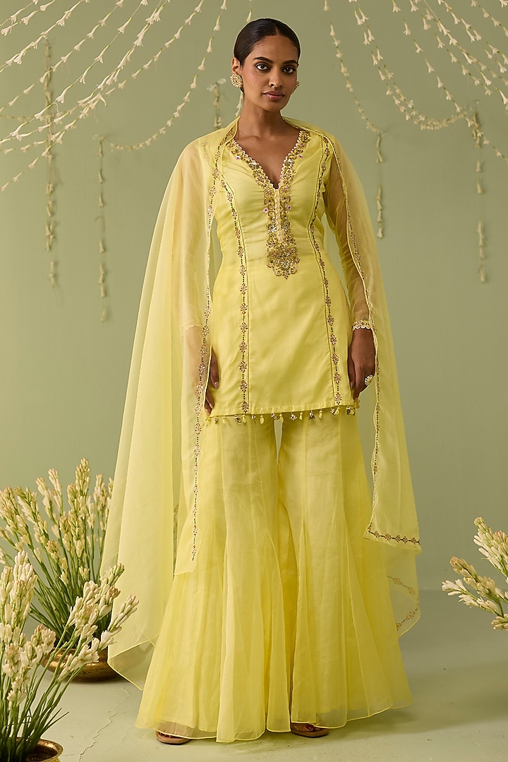 Yellow Organza Party Wear Sharara Set by Label Meesa at Pernia's Pop Up Shop