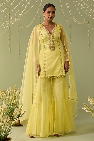 Yellow Organza Sharara Set by Label Meesa