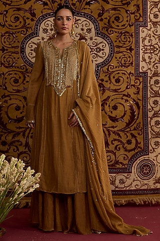 Brown Chanderi Silk Hand Embroidered Kurta Set by Label Meesa