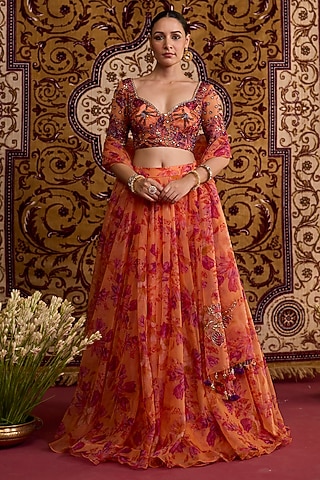 Orange Organza Printed Lehenga Set by Label Meesa