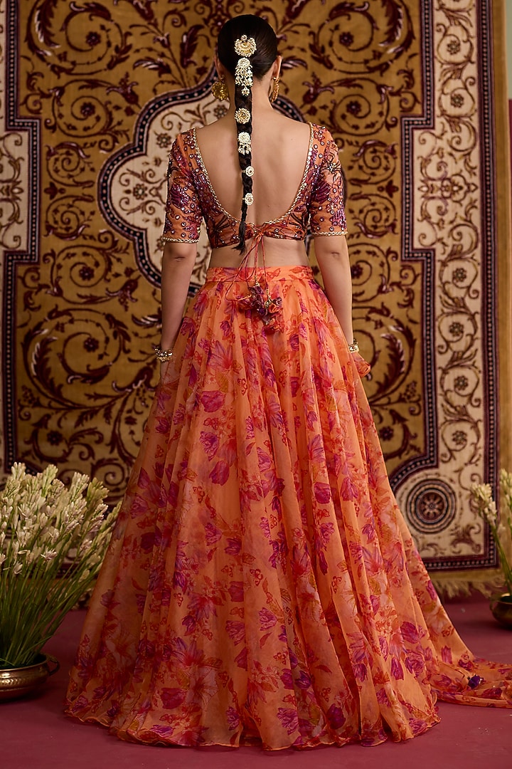 Orange Organza Printed Wedding Lehenga Set by Label Meesa at Pernia's Pop Up Shop