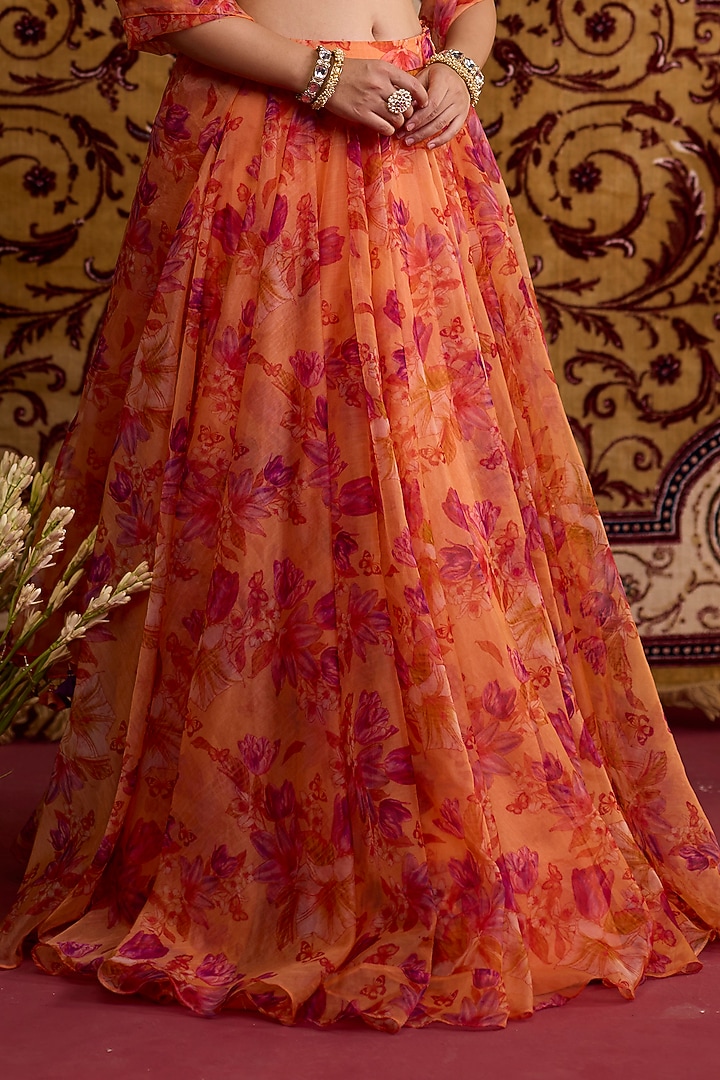 Orange Organza Printed Wedding Lehenga Set by Label Meesa at Pernia's Pop Up Shop