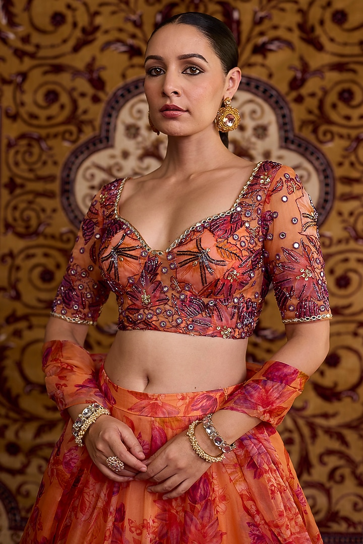 Orange Organza Printed Wedding Lehenga Set by Label Meesa at Pernia's Pop Up Shop