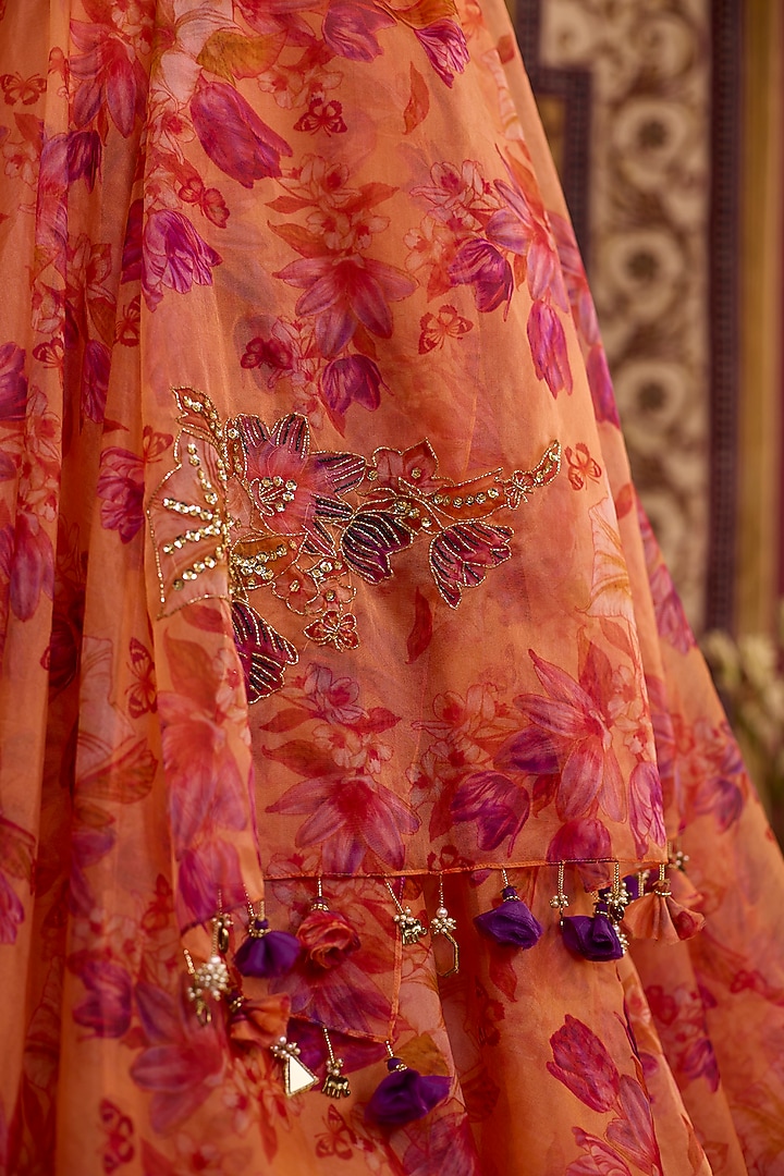 Orange Organza Printed Wedding Lehenga Set by Label Meesa at Pernia's Pop Up Shop