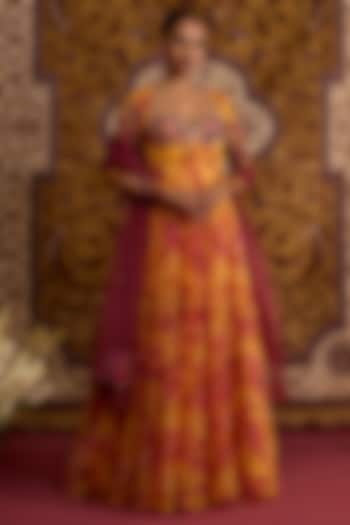 Yellow Organza Printed & Hand Embroidered Wedding Anarkali Set by Label Meesa at Pernia's Pop Up Shop