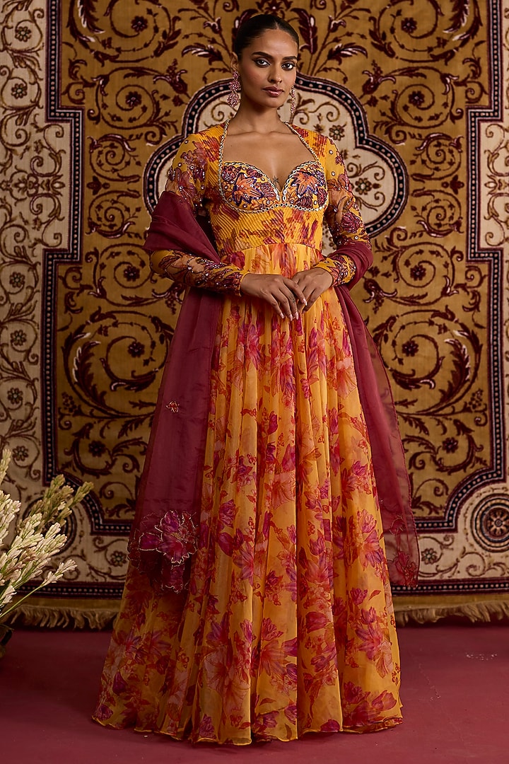 Yellow Organza Printed & Hand Embroidered Wedding Anarkali Set by Label Meesa at Pernia's Pop Up Shop