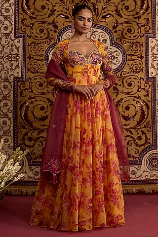 Yellow Organza Printed & Hand Embroidered Anarkali Set by Label Meesa