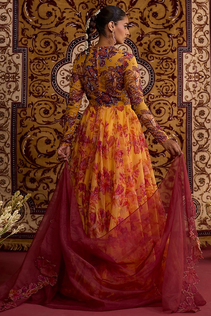 Yellow Organza Printed & Hand Embroidered Wedding Anarkali Set by Label Meesa at Pernia's Pop Up Shop