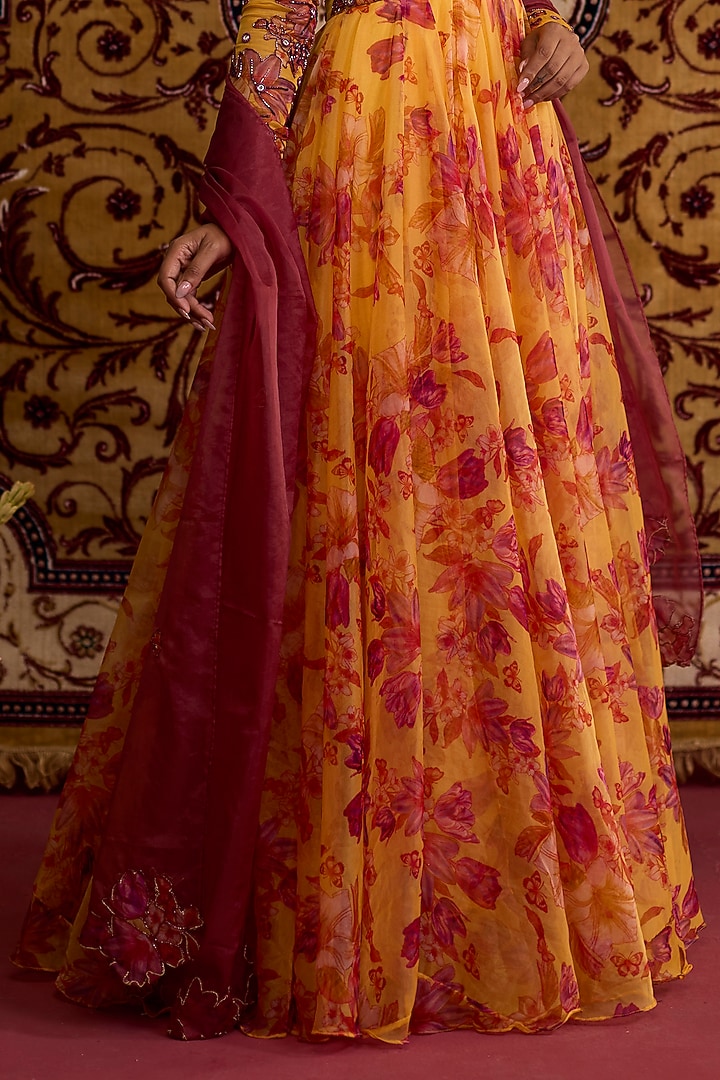 Yellow Organza Printed & Hand Embroidered Wedding Anarkali Set by Label Meesa at Pernia's Pop Up Shop