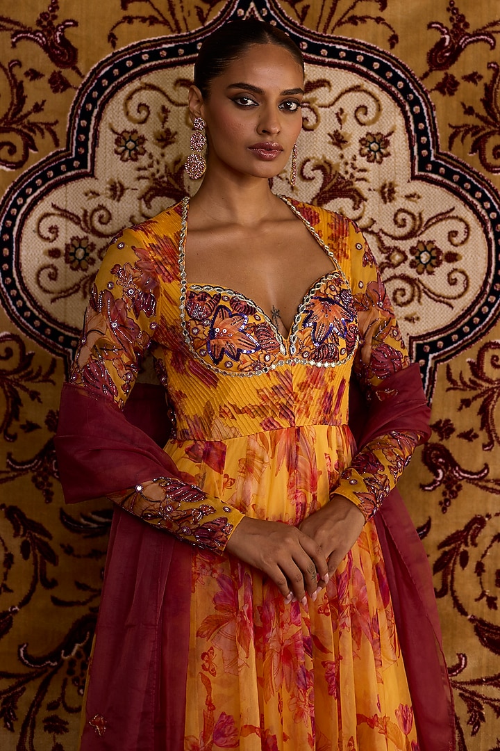 Yellow Organza Printed & Hand Embroidered Wedding Anarkali Set by Label Meesa at Pernia's Pop Up Shop