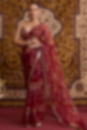 Red Organza Printed Wedding Saree Set by Label Meesa at Pernia's Pop Up Shop