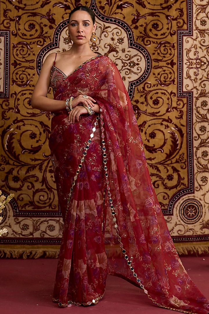 Red Organza Printed Wedding Saree Set by Label Meesa at Pernia's Pop Up Shop