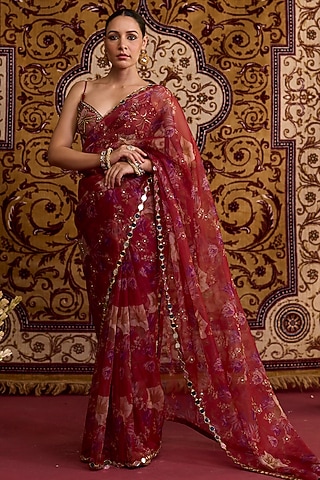 Red Organza Printed Saree Set by Label Meesa