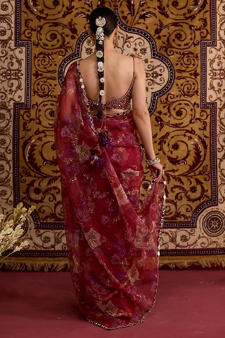Red Organza Printed Wedding Saree Set by Label Meesa at Pernia's Pop Up Shop