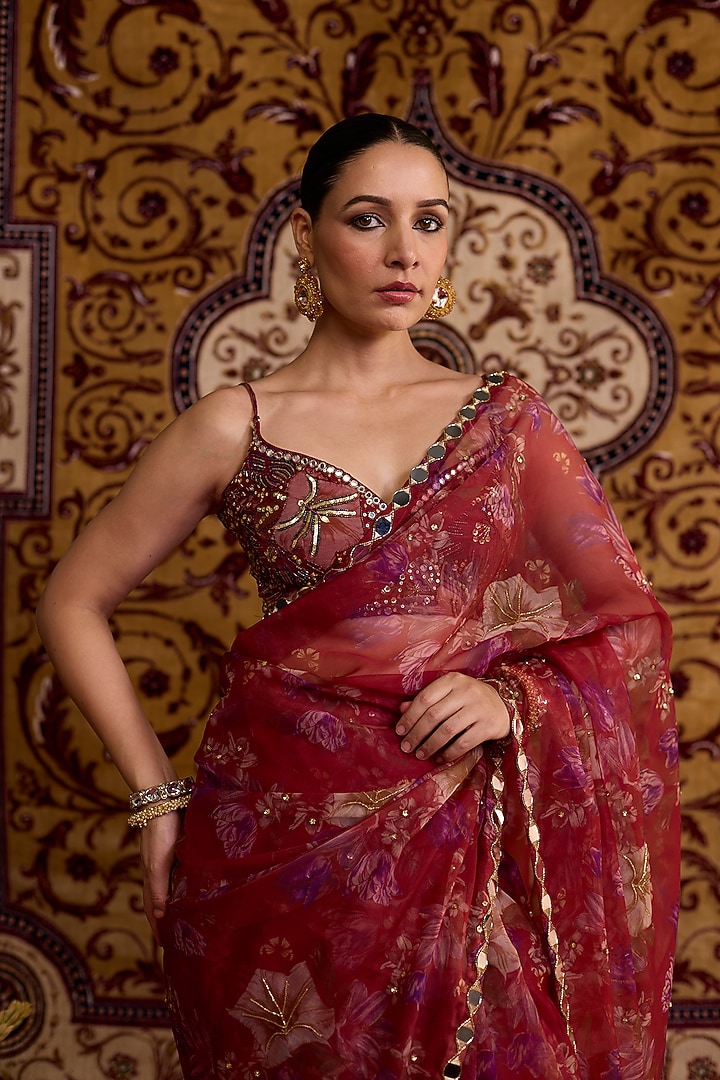 Red Organza Printed Wedding Saree Set by Label Meesa at Pernia's Pop Up Shop
