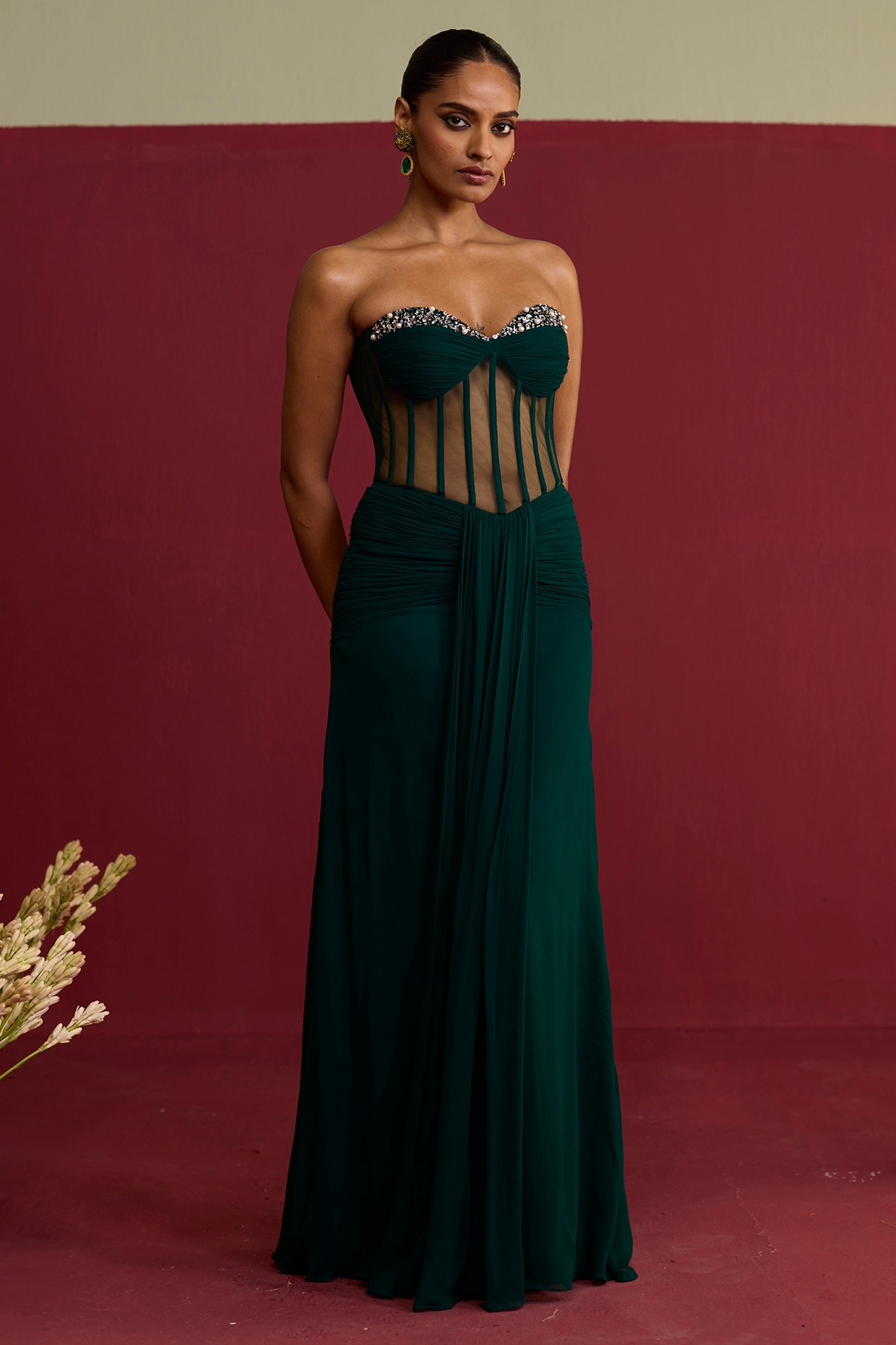 Label Meesa Green Chinon Chiffon Hand Embroidered Gown