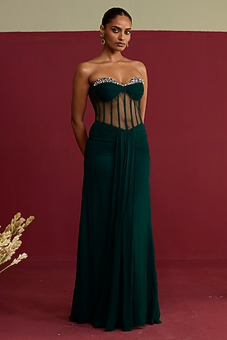 Green Chinon Chiffon Hand Embroidered Gown by Label Meesa