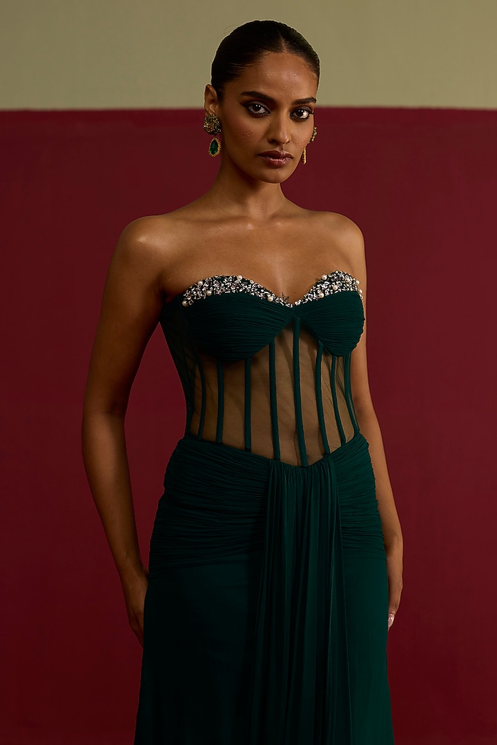 Green Chinon Chiffon Hand Embroidered Party Wear Gown by Label Meesa at Pernia's Pop Up Shop