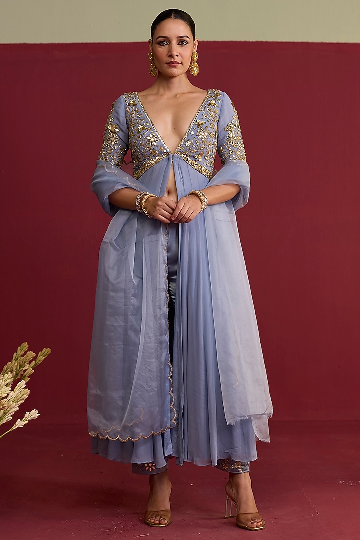 Blue Georgette Hand Embroidered Party Wear Anarkali Set by Label Meesa at Pernia's Pop Up Shop
