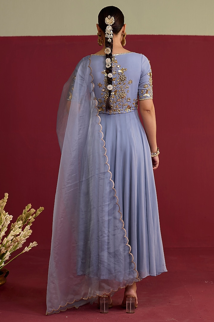 Blue Georgette Hand Embroidered Party Wear Anarkali Set by Label Meesa at Pernia's Pop Up Shop