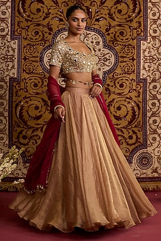 Beige Tissue Lehenga Set by Label Meesa