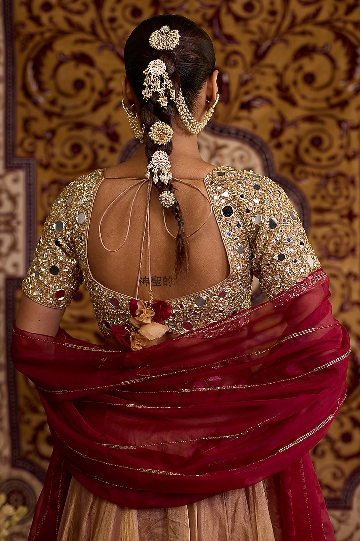 Beige Tissue Wedding Lehenga Set by Label Meesa at Pernia's Pop Up Shop