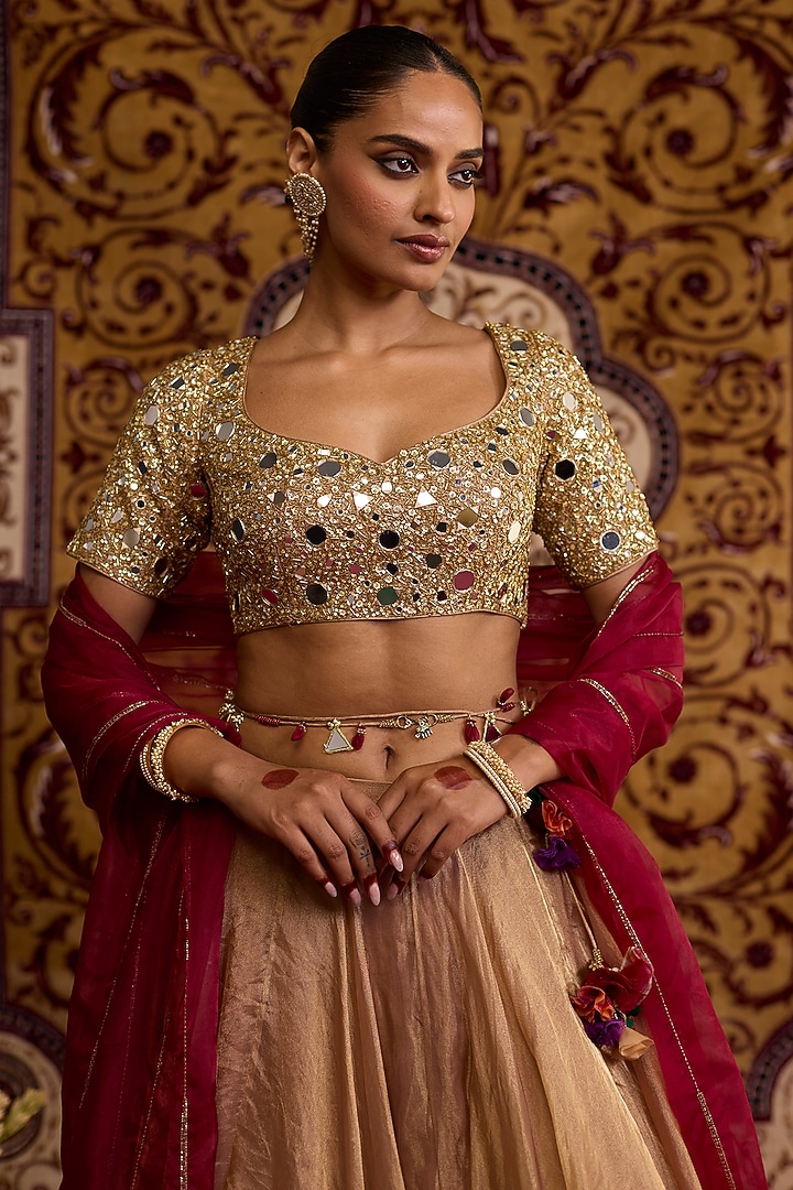 Beige Tissue Wedding Lehenga Set by Label Meesa at Pernia's Pop Up Shop