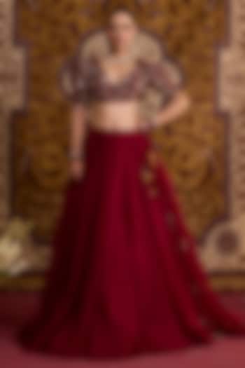 Red Organza Printed Wedding Lehenga Set by Label Meesa at Pernia's Pop Up Shop