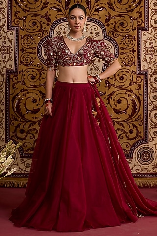 Red Organza Printed Lehenga Set by Label Meesa