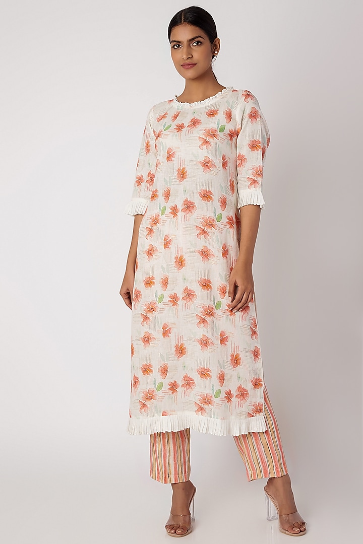 White Printed Linen Tunic by Linen and Linens