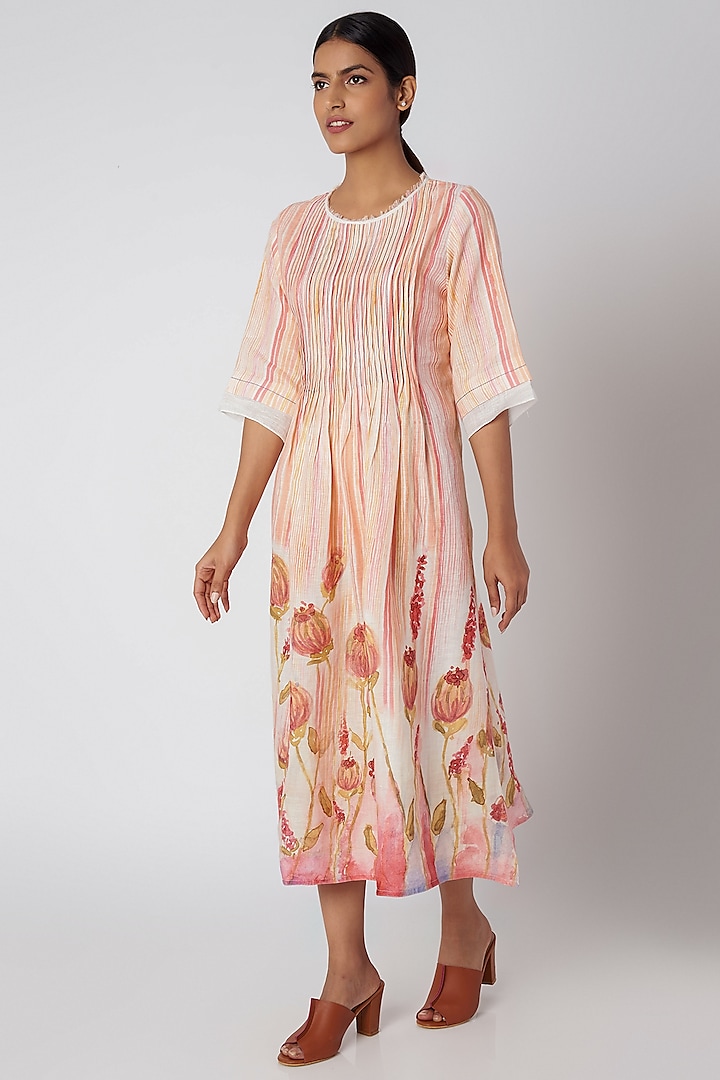 Peach Printed & Striped Dress by Linen and Linens