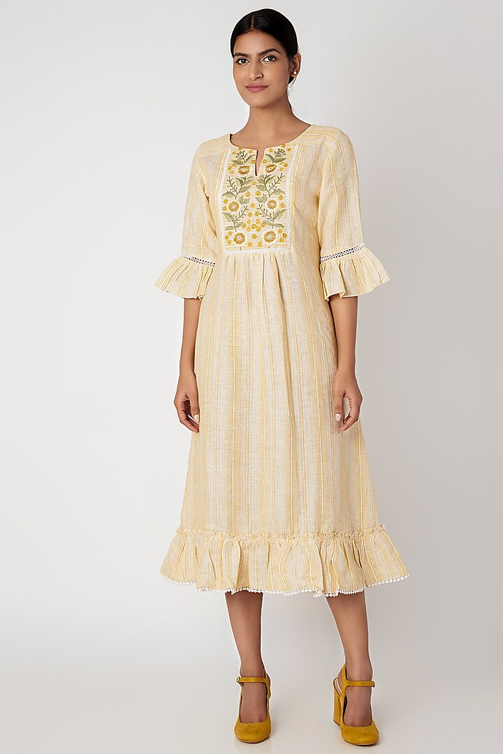 Yellow Dress With Embroidered Yoke by Linen and Linens