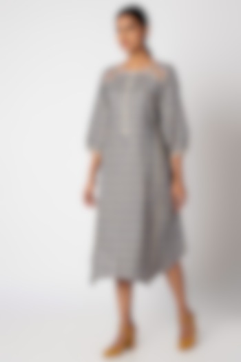 Grey Printed Checkered Dress by Linen and Linens