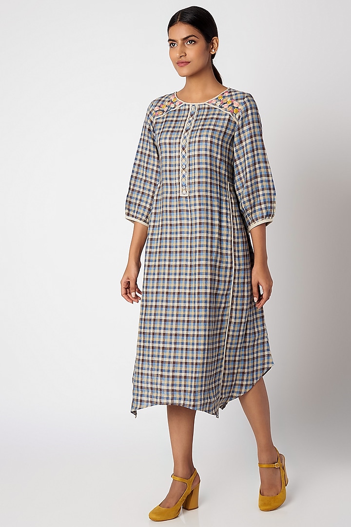 Grey Printed Checkered Dress by Linen and Linens