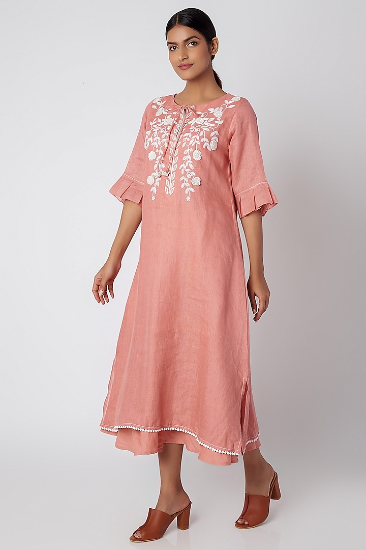 Blush Pink Embroidered Layered Dress by Linen and Linens