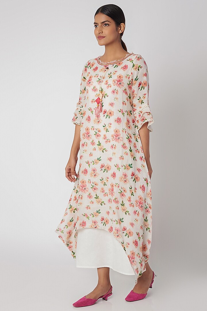 White Embroidered Layered Dress With Slip by Linen and Linens