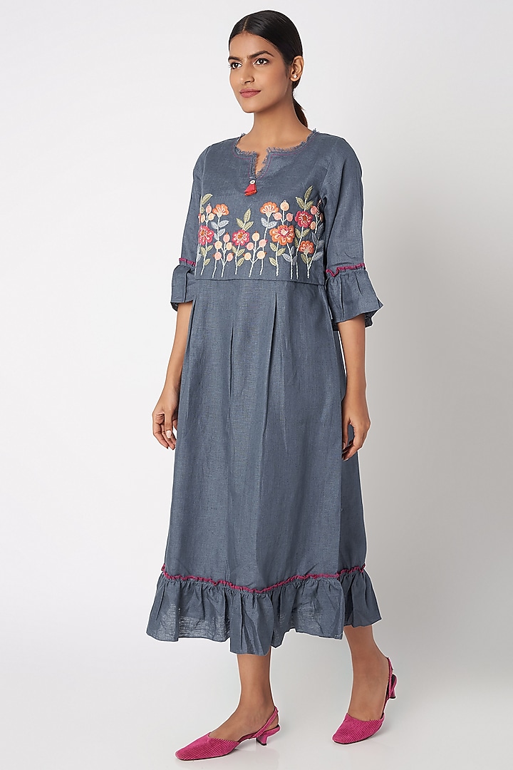 Cobalt Blue Embroidered Dress by Linen and Linens