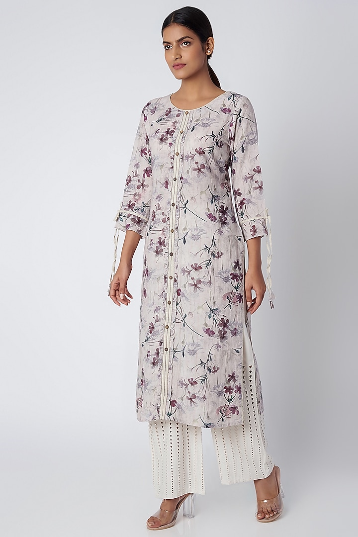 Grey Floral Printed Dress by Linen and Linens