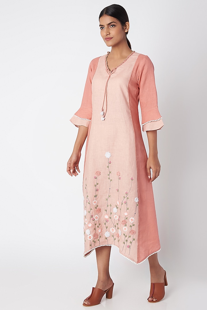 Peach Embroidered Linen Dress by Linen and Linens