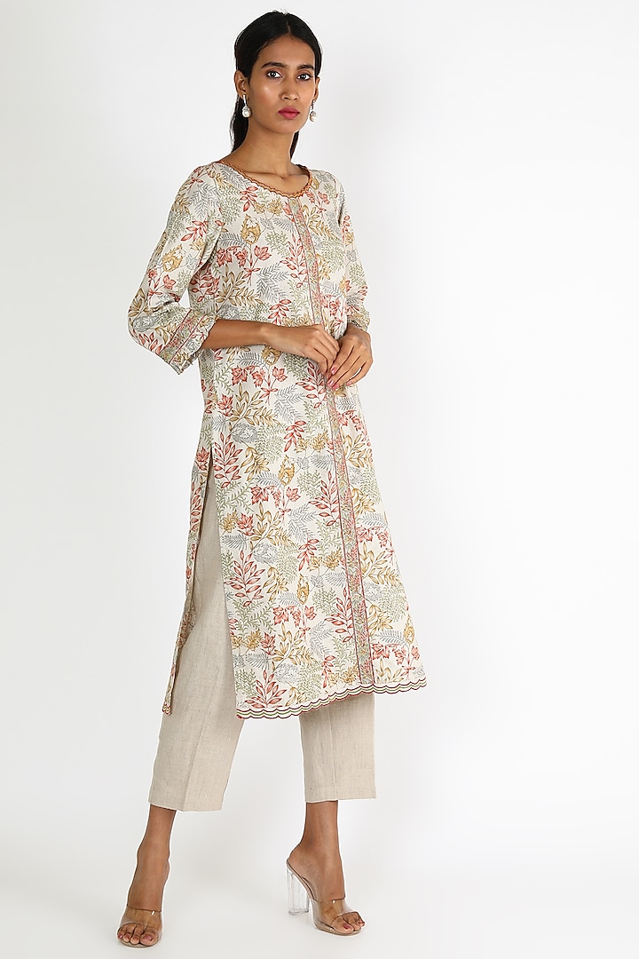 White Printed Linen Tunic by Linen And Linens