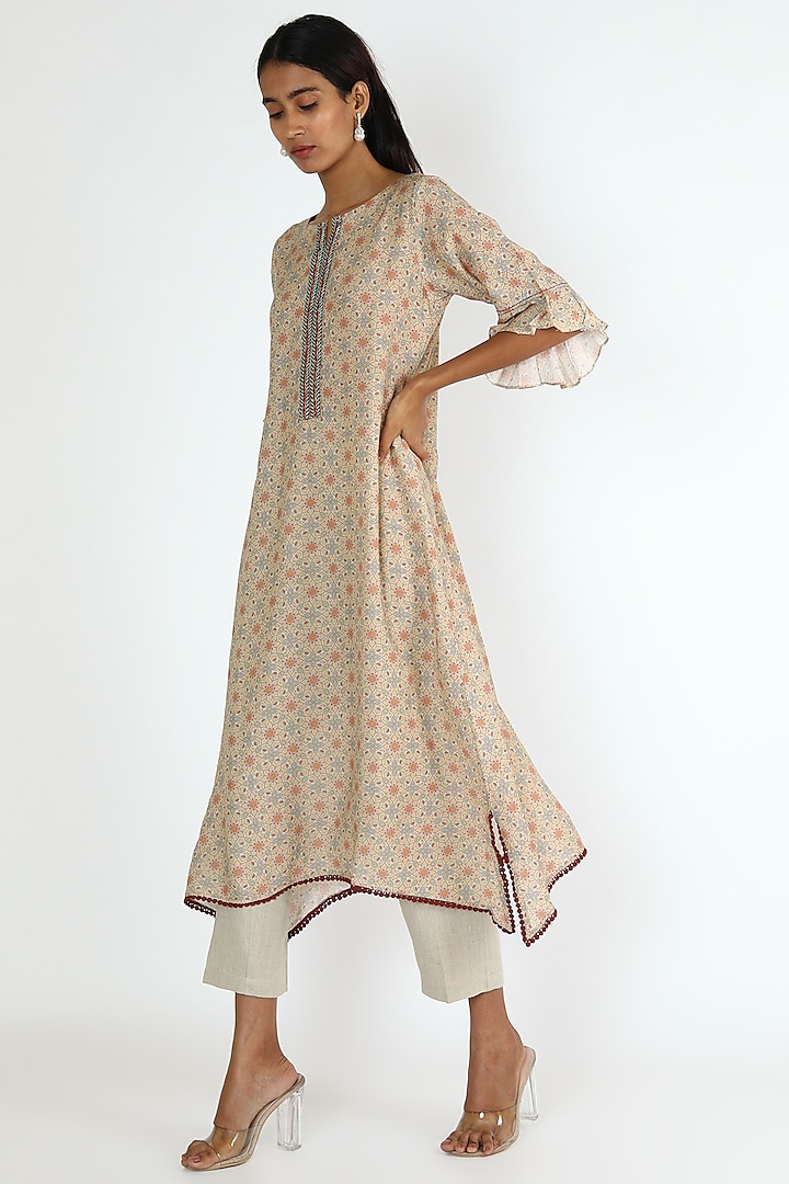 Beige Floral Printed Tunic by Linen And Linens