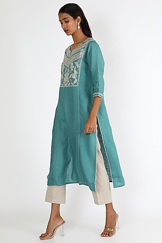 Turquoise Embroidered Tunic by Linen And Linens